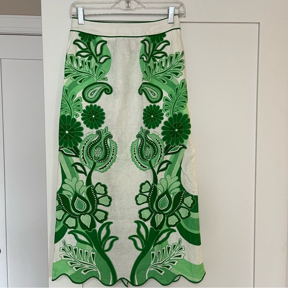 Farm Rio Green and White Linen Midi Skirt XS